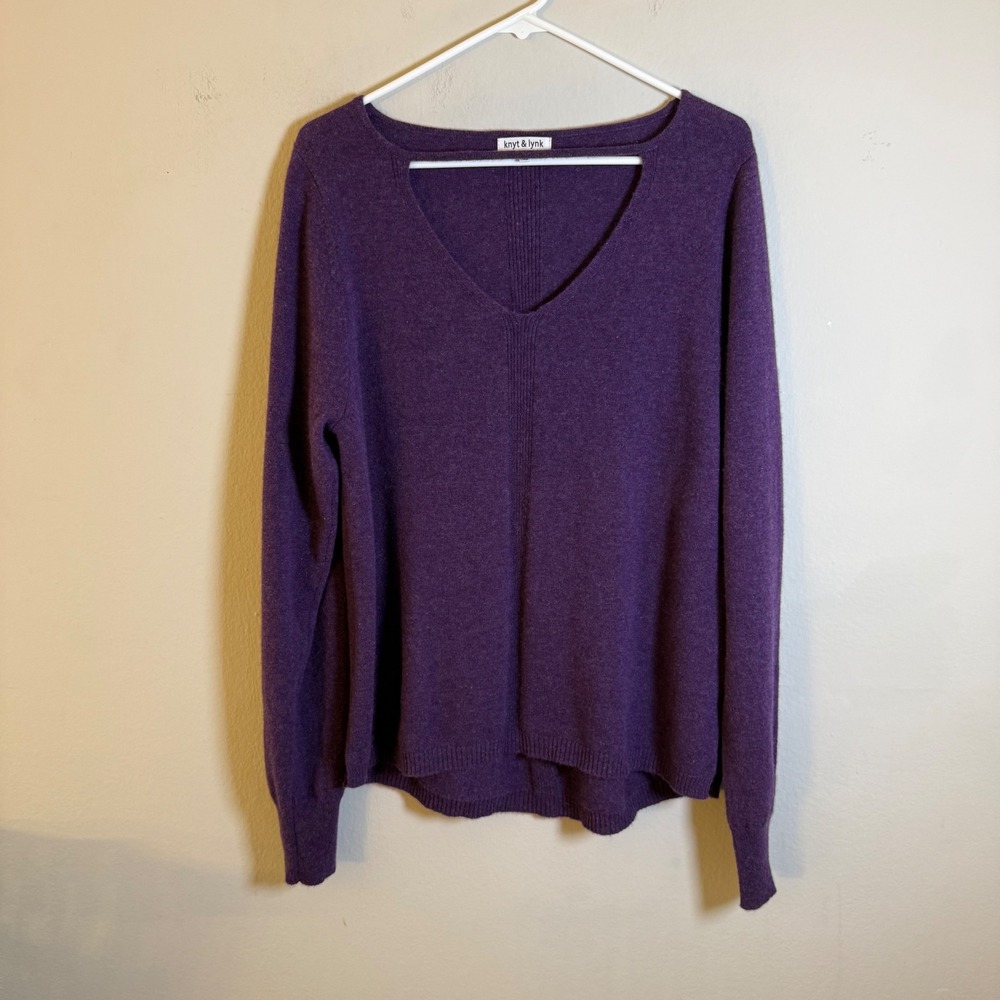 knyt & lynk Women Purple 100% Cashmere V-Neck Sweater XL Long Sleeve Knit Top